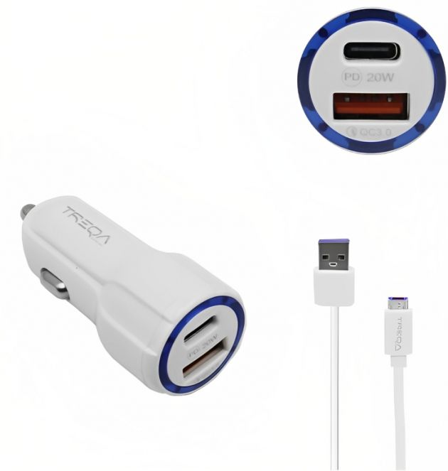 Φορτιστής Αυτοκινήτου Ταχείας Φόρτισης 12V – 24V με Θύρα USB-A 3.1Α και Θύρα USB-C PD 20W και Καλώδιο Lightning - Treqa - Λευκό