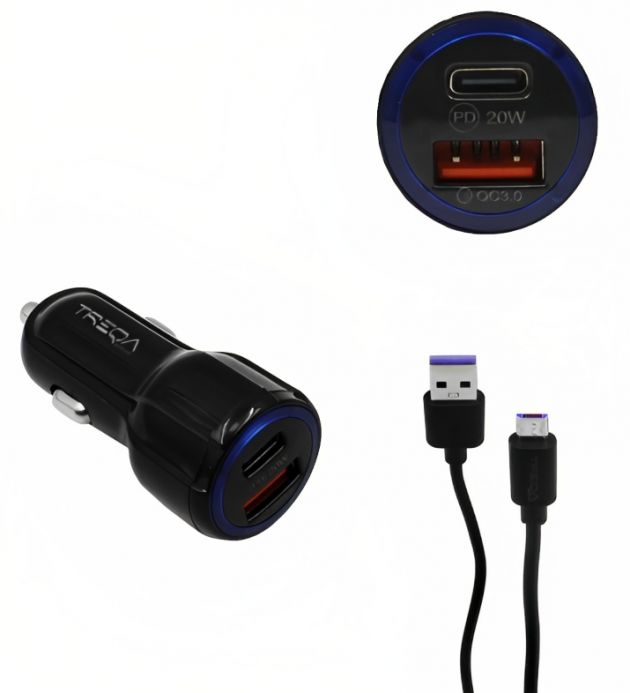 Φορτιστής Αυτοκινήτου Ταχείας Φόρτισης 12V – 24V με Θύρα USB-A 3.1Α και Θύρα USB-C PD 20W και Καλώδιο Micro USB - Treqa