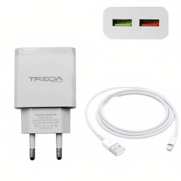 Φορτιστής Ταχείας Φόρτισης με 2 Θύρες USB 3.1A και Καλώδιο USB Lightning - Treqa