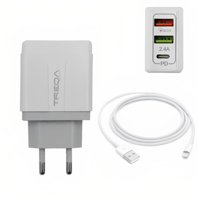 Φορτιστής Ταχείας Φόρτισης με 2 Θύρες USB 5.4A, 1 θύρα USB-C PD 38W και Καλώδιο Lightning - Treqa