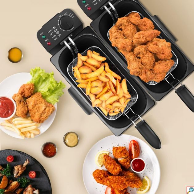 Ανοξείδωτη Φριτέζα 2 Θέσεων 6L 2x 1800W - Με Καπάκια και Ρύθμιση Θερμοκρασίας - AIGOSTAR
