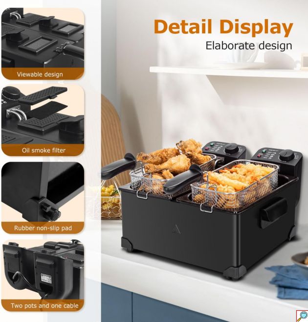 Ανοξείδωτη Φριτέζα 2 Θέσεων 6L 2x 1800W - Με Καπάκια και Ρύθμιση Θερμοκρασίας - AIGOSTAR