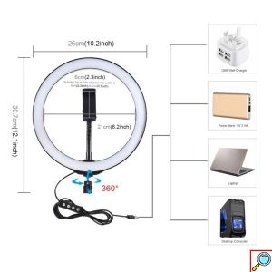 Φωτογραφικό Φωτιστικό Δαχτυλίδι LED 26cm USB με Ρυθμιζόμενο Θερμό & Ψυχρό Φωτισμό - Dimmer - Τρίποδο & Βάση Στήριξης Κινητού - Ring Light Lamp