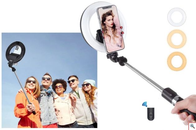 Φωτογραφικό Φωτιστικό LED Δαχτυλίδι & Bluetooth Selfie Stick με Ρυθμιζόμενη Θερμοκρασία & Ένταση Φωτός, Πτυσσόμενο Τρίποδο Στήριξης & Ασύρματο Αποσπώμενο Τηλεχειριστήριο