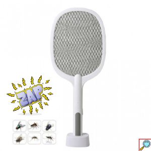 Επαναφορτιζόμενη Ηλεκτρική Ρακέτα - Εντομοκτόνο Μυγοσκοτώστρα για Κουνούπια & Διάφορα Έντομα με Βάση 53x21.5cm - Λευκή