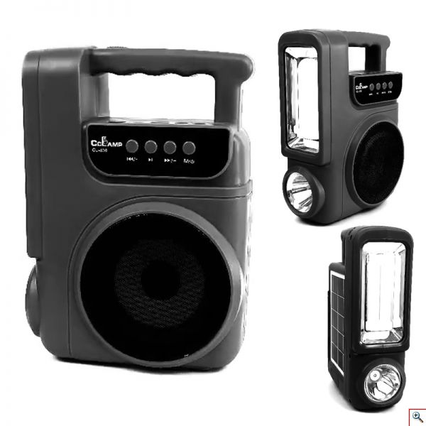 Ηλιακό Φορητό Bluetooth Ηχείο - Φακός, Camping, Έξτρα Φωτιστικό με Καλώδιο, FM Radio, Υποδοχή Κάρτα Μνήμης, USB, 2 προβολείς, χερούλι, CCLAMP