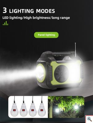 Ηλιακό Σύστημα Φωτισμού με 4 Λάμπες, Bluetooth Ηχείο, Φακός & Φωτιστικό LED, Φορτιστή Powerbank USB & Ραδιόφωνο FM GDPLUS® 