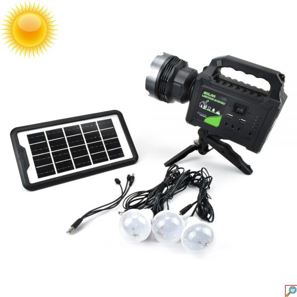 Φορητό Ηλιακό Σύστημα Φωτισμού με 3 LED Λάμπες & Φακό - Power Bank Φορτιστή Μπαταρίας 6000mAh με Τρίποδο