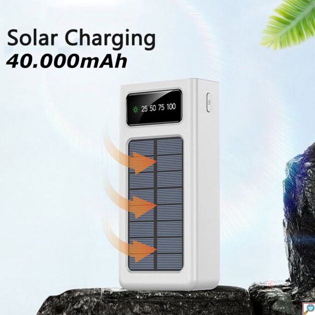 Ηλιακό Powerbank 40000mAh με Ενσωματωμένα Καλώδια Φόρτισης, Θύρα Micro USB και Ενσωματωμένο Φακό Treqa Λευκό