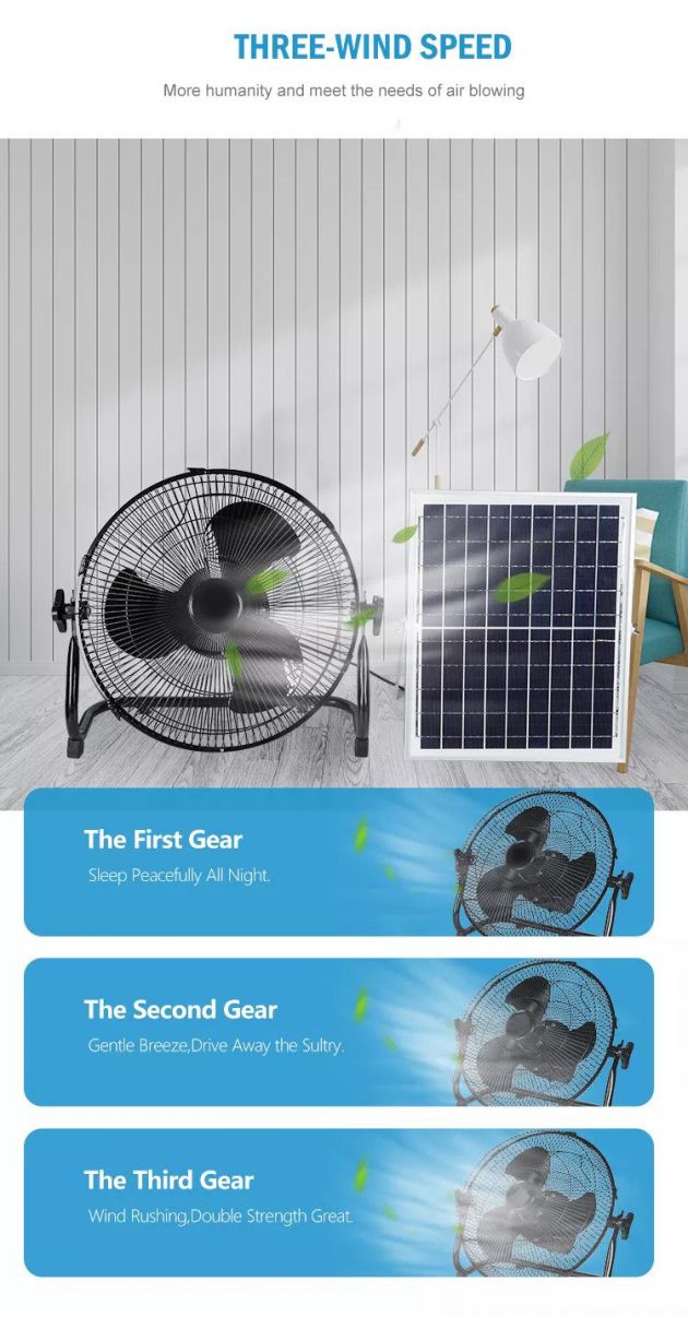 Ηλιακός Φορητός Επιδαπέδιος Ανεμιστήρας 36cm με Επαναφορτιζόμενη Μπαταρία 12000mAh 15W Τριών Ταχυτήτων & USB Powerbank Έξοδο Φόρτισης - Μαύρο