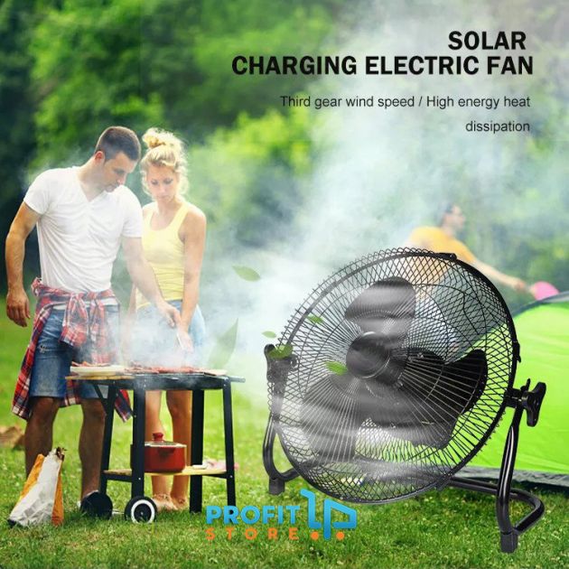 Ηλιακός Φορητός Επιδαπέδιος Ανεμιστήρας 36cm με Επαναφορτιζόμενη Μπαταρία 12000mAh 15W Τριών Ταχυτήτων & USB Powerbank Έξοδο Φόρτισης - Μαύρο