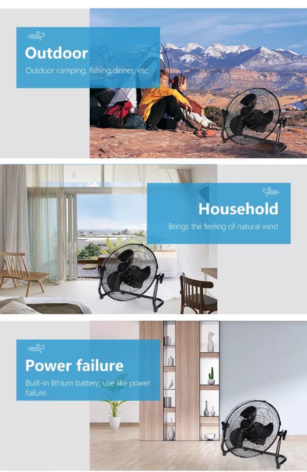 Ηλιακός Φορητός Επιδαπέδιος Ανεμιστήρας 36cm με Επαναφορτιζόμενη Μπαταρία 12000mAh 15W Τριών Ταχυτήτων & USB Powerbank Έξοδο Φόρτισης - Μαύρο