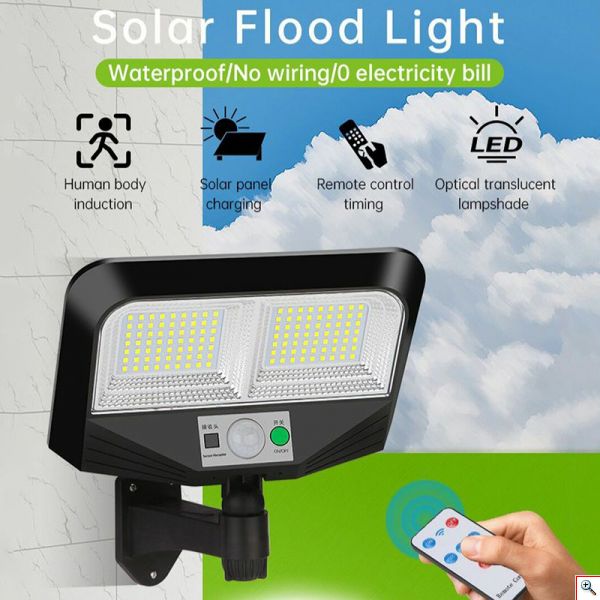 Ηλιακός Προβολέας LED Αδιάβροχος IP67 με Ενσωματωμένο Φωτοβολταϊκό Πάνελ, Τηλεχειριστήριο, Αισθητήρα κίνησης & Χρονοδιακόπτη, GD-2201