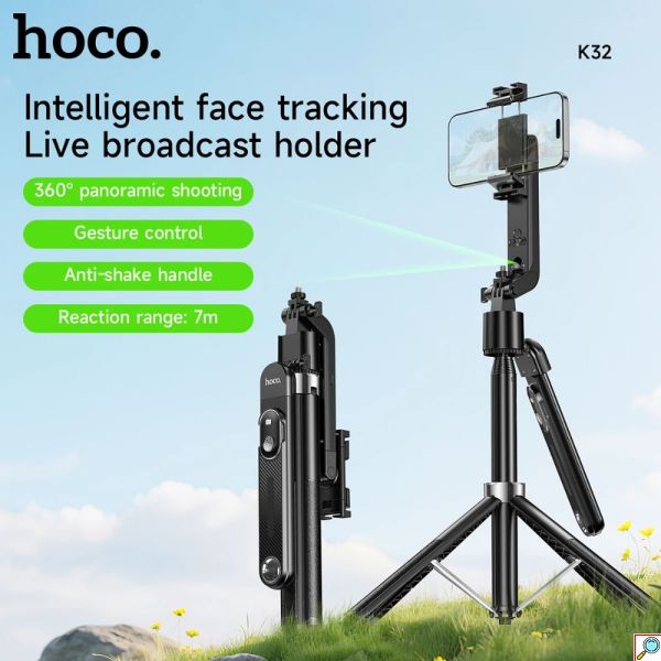 Selfie Stick και Τρίποδο Κινητού 2-σε-1 με Bluetooth Τηλεχειριστήριο Μαύρο HOCO K32