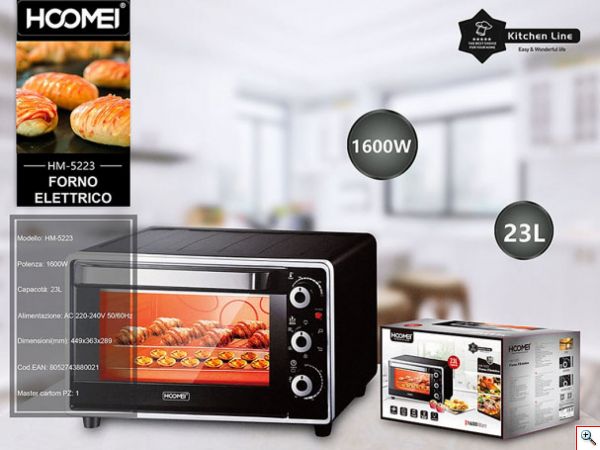 Hoomei® Ηλεκτρικό Φουρνάκι 1600W 23lt Χωρίς Εστίες - με Χρονοδιακόπτη & Ρυθμιζόμενο Θερμοστάτη HM-5223