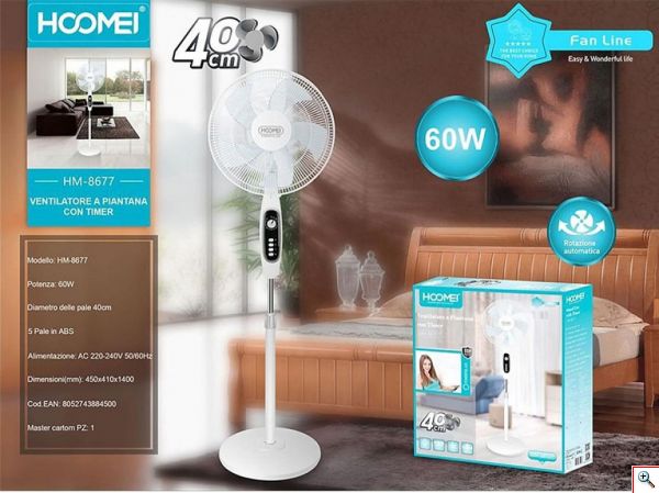 Hoomei® Επιδαπέδιος Περιστρεφόμενος Ανεμιστήρας Ορθοστάτης 60W με Διάμετρο 40cm με Ρυθμιζόμενο Ύψος - 3 Ταχύτητες & Χρονοδιακόπτη