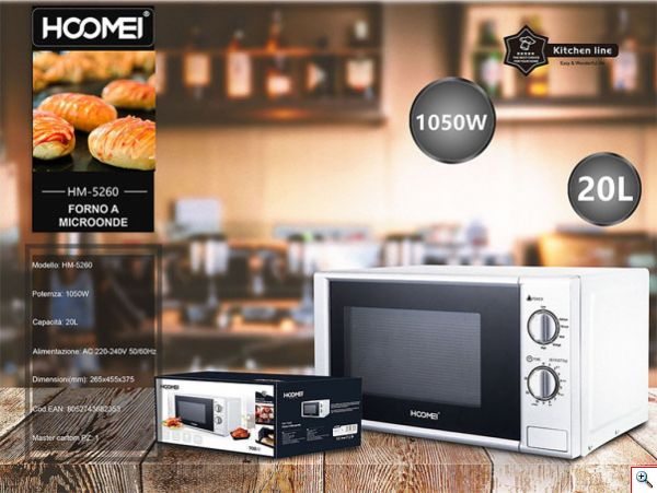 Hoomei® Φούρνος Μικροκυμάτων 1050W 20L Χωρίς Εστίες με Γυάλινο Πιάτο - Λειτουργία Απόψυξης & Χρονοδιακόπτη HM-5260
