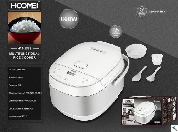 Hoomei® Πολυλειτουργικός Βραστήρας Ρυζιού 860W με Αποσπώμενο Αντικολλητικό Εσωτερικό Δοχείο Αλουμινίου 1.8lt HM-5388