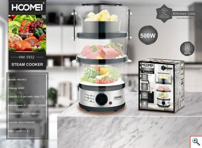 Hoomei® Ατμομάγειρας 500W 7.5lt με 3 Επίπεδα Μαγειρέματος & Χρονοδιακόπτη HM-5932