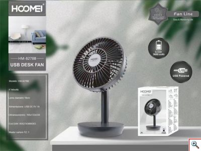 Hoomei® Μεταλλικό Επιτραπέζιο Επαναφορτιζόμενο Ανεμιστηράκι USB 18cm με 4 Ταχύτητες - Μαύρο