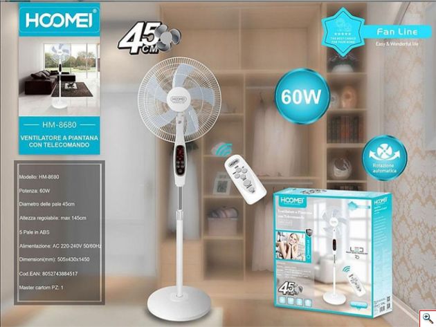 Hoomei® Επιδαπέδιος Περιστρεφόμενος Ανεμιστήρας Ορθοστάτης 60W με Ψηφιακή Οθόνη LCD - Πτυσσόμενος με Ρυθμιζόμενο Ύψος - 3 Ταχύτητες & Τηλεχειριστήριο