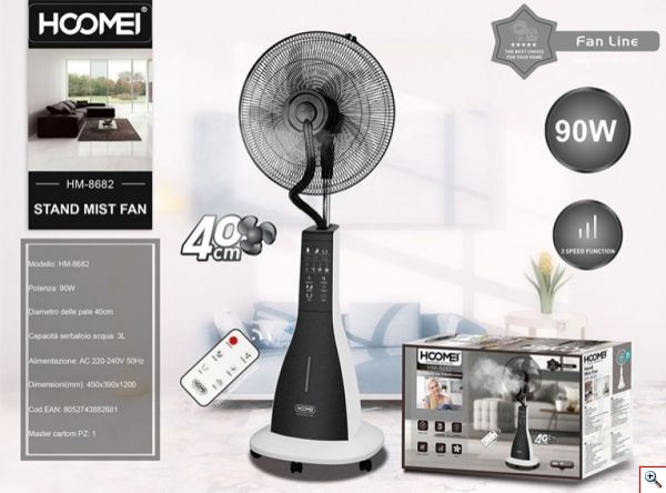 Hoomei® Επιδαπέδιος Περιστρεφόμενος Ανεμιστήρας Υδρονέφωσης 90W με Διάμετρο 40cm Τηλεχειριστήριο - 3 Ταχύτητες & Χρονοδιακόπτη