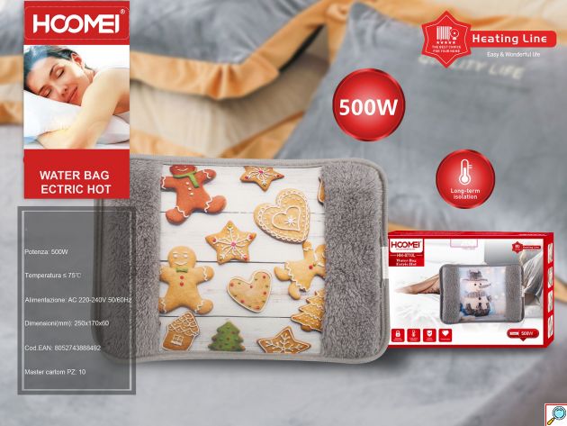 Hoomei Ηλεκτρική Θερμοφόρα - Μαξιλάρι 500W με Θήκη για τα Χέρια Γενικής Χρήσης 25x17x6cm Γκρι με Ανθρωπάκι Μπισκότο