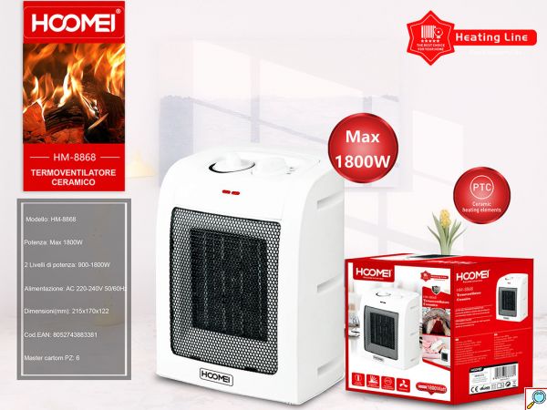Hoomei Κεραμικό Αερόθερμο Δαπέδου 1800W με 2 Βαθμίδες Θέρμανσης - Πλέγμα Ασφαλείας & Διακόπτη Πτώσης 21.5x17x12cm
