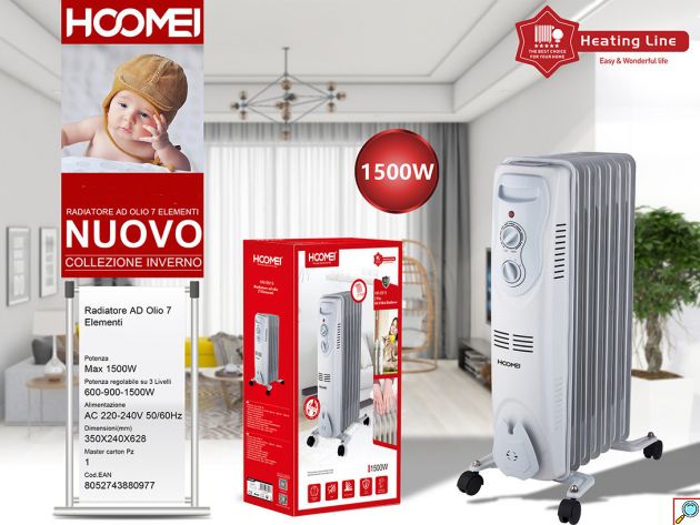 Hoomei Επιδαπέδιο Τροχήλατο Καλοριφέρ Λαδιού 1500W με 7 Φέτες - 3 Ρυθμίσεις Θερμοκρασίας & Προστασίες Υπερθέρμανσης & Πτώσης