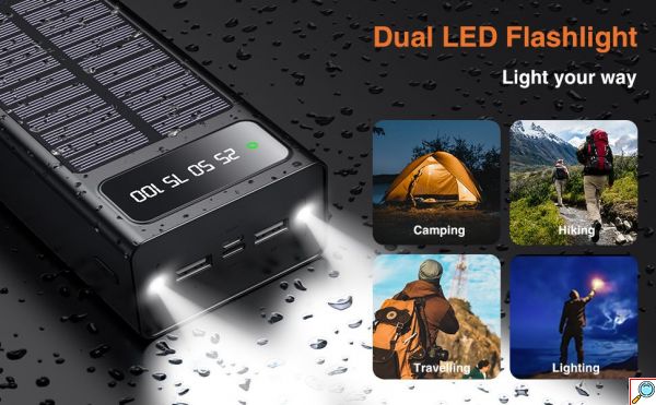 Ηλιακό PowerBank KLGO - Φορητή Μπαταρία Φορτιστής 10000 mAh Ηλιακό Πάνελ & LED Φωτισμός- Solar Power Bank Μαύρο