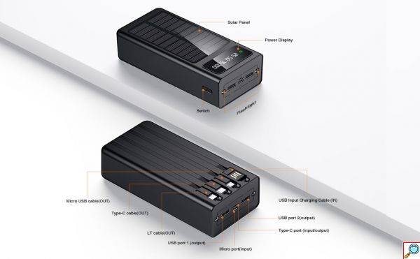 Ηλιακό PowerBank KLGO - Φορητή Μπαταρία Φορτιστής 10000 mAh Ηλιακό Πάνελ & LED Φωτισμός- Solar Power Bank Μαύρο