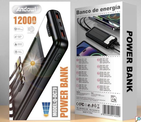 Ηλιακό Power Bank 12000mAh με 4 Ενσωματωμένα Καλώδια & LED Φακό ANDOWL Q-DC79