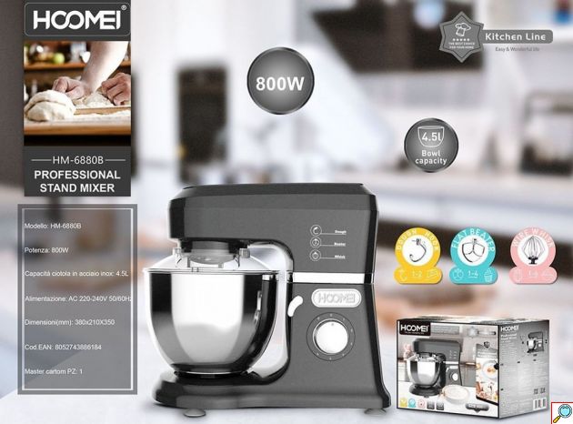 Μίξερ Χειρός HOOMEI HM-6880Β 800W με Κάδο & Περιστρεφόμενη Βάση - Μαύρο