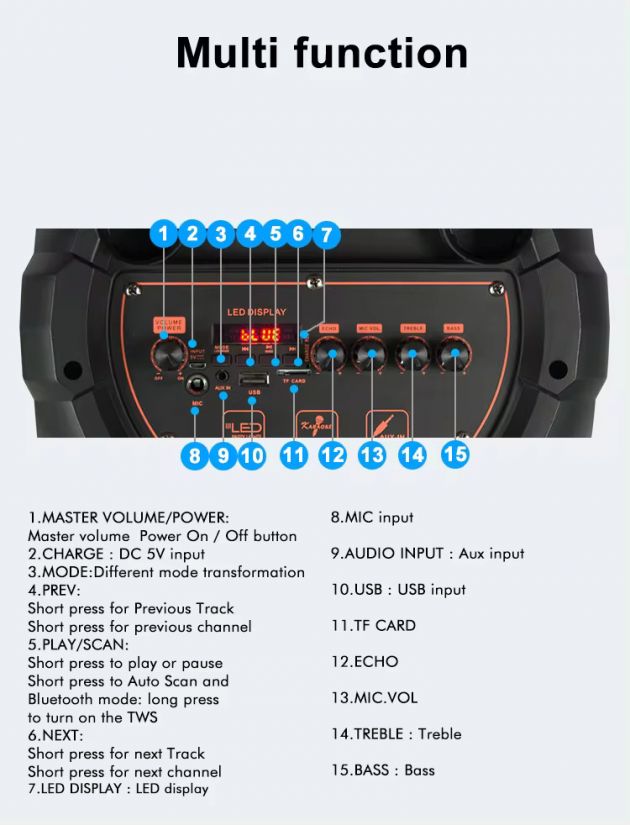 Ηχείο 120 Watt με Σύστημα Καραόκε, Ασύρματο Μικρόφωνο, FM, AUX, Bluetooth, Φωτισμό LED και Τηλεχειριστήριο - ARRANGO