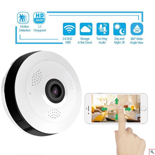 Ασύρματη Κάμερα Οροφής IP Wifi με Ευρυγώνιο Φακό Fish Eye HD 920p Πανοραμικής Θέασης, Αισθητήρα Κίνησης, Ειδοποιήσεις, Baby Monitor Μικρόφωνο & Ηχείο