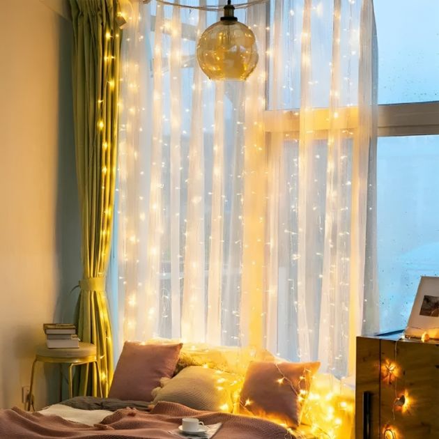 Κρεμαστά Διακοσμητικά LED Λαμπάκια Κουρτίνα - Γιρλάντα USB - 8 Λειτουργίες Φωτισμού & Τηλεχειριστήριο - Θερμό Λευκό Φως - 3x3m