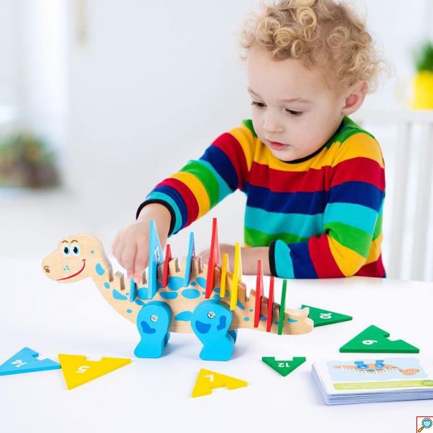 Ξύλινος Εκπαιδευτικός Δεινόσαυρος Εκμάθησης Χρωμάτων - Σχημάτων - Αριθμών Κατάλληλο για Ηλικίες 3+ Ετών - Dinosaur Thinking Sorting Game