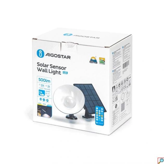 LED Αδιάβροχο Ηλιακό Φωτιστικό Τοίχου 50W με Αισθητήρα - 3 Ρυθμίσεις Φωτισμού και Τηλεχειριστήριο - Aigostar