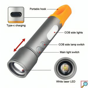 LED Αδιάβροχος Επαναφορτιζόμενος Φακός Αλουμινίου με Άγκιστρο Στήριξης και RGB Χρωματιστούς Φακούς - Andowl
