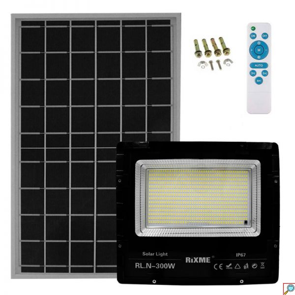 Αδιάβροχος Ηλιακός Προβολέας LED με Πάνελ, Βάσεις Τοποθέτησης και Τηλεχειριστήριο 300W 