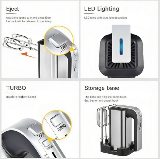 Μίξερ Χειρός 5 Ταχυτήτων με Αναδευτήρες & Γάντζους Ζύμης- 800W