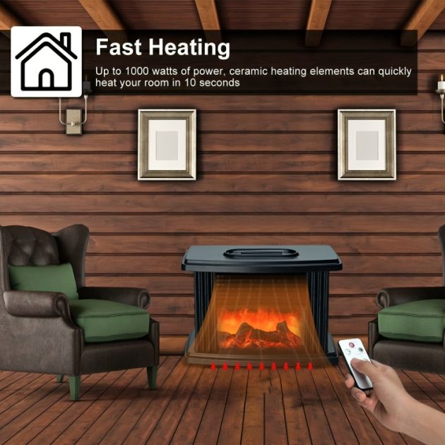 Μίνι Αερόθερμο Τζάκι 1000W με Εφέ Φλόγας & Τηλεχειρισμό - Flame Heater - 23 x 13 x 16cm
