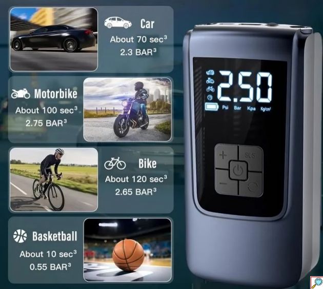 Μίνι Επαναφορτιζόμενο Κομπρεσέρ Αέρος 60W - Powerbank 4000 mAh και Φακός με Οθόνη Ψηφιακών Ενδείξεων Moxom