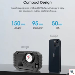 Mini Τρόμπα Έκτακτης Ανάγκης Αυτοκινήτου 150 PSI CarSun® με Φακό, Οθόνη Αφής για Ρύθμιση & Προβολή Πίεσης, Χειρολαβή, 12V Κομπρεσέρ Αέρος, C3012-1
