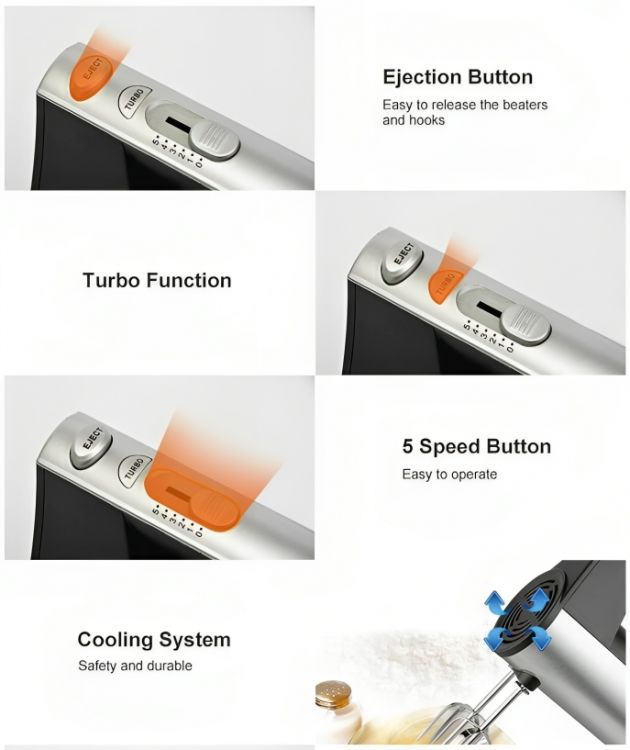 Μίξερ Χειρός 5 Ταχυτήτων 800W - Με Αναδευτήρες & Γάντζους Ζύμης - RAF 