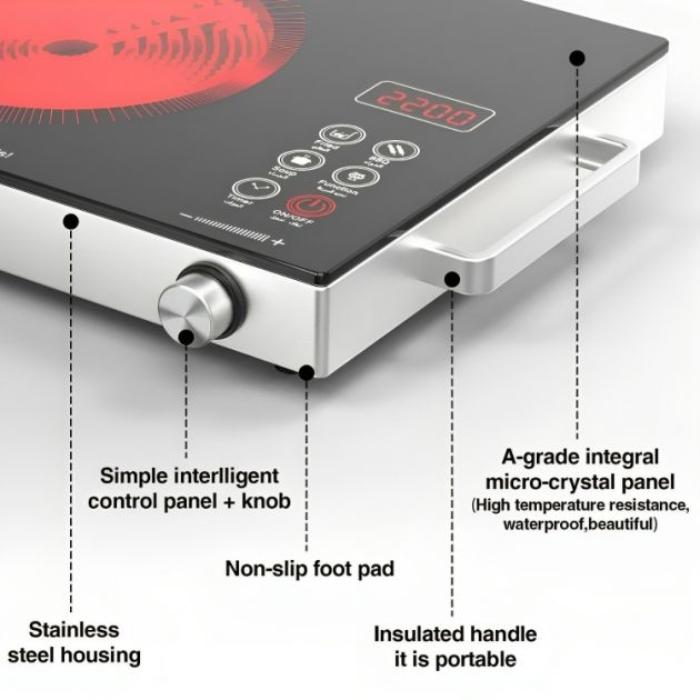 Επιτραπέζια Μονή Επαγωγική Εστία 2000W - Με Πάνελ Αφής, 10 Ρυθμίσεις Θερμοκρασίας & Χρονοδιακόπτη - HOOMEI
