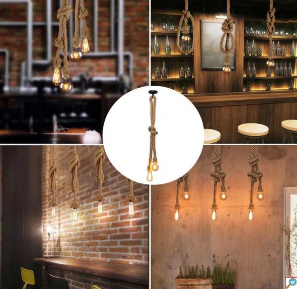 Μοντέρνο Κρεμαστό Φωτιστικό Δίφωτο με Σχοινί 1m και Ντουί E27 – Μπεζ