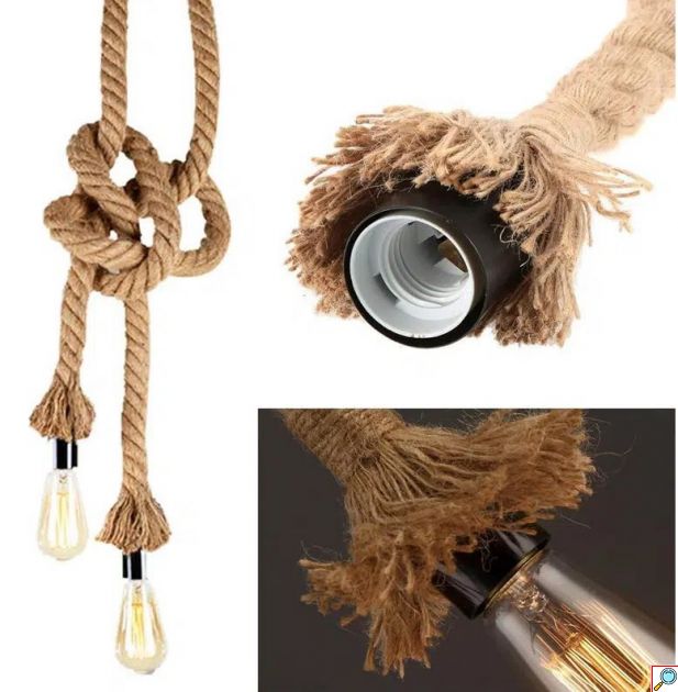 Μοντέρνο Κρεμαστό Φωτιστικό Δίφωτο με Σχοινί 1m και Ντουί E27 – Μπεζ