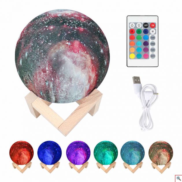 Πολύχρωμο USB Φωτιστικό Γαλαξίας - Πλανήτης RGB LED 16 Χρωμάτων με Ξύλινη Βάση & Χειριστήριο