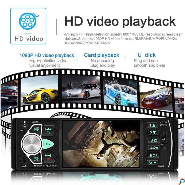 Multimedia Universal HD Οθόνη 4 - Ηχοσύστημα 1DIN Bluetooth, Handsfree, MP5 / MP3 / USB / SD / FM / AUX / Mirrorlink με Τηλεχειριστήριο
